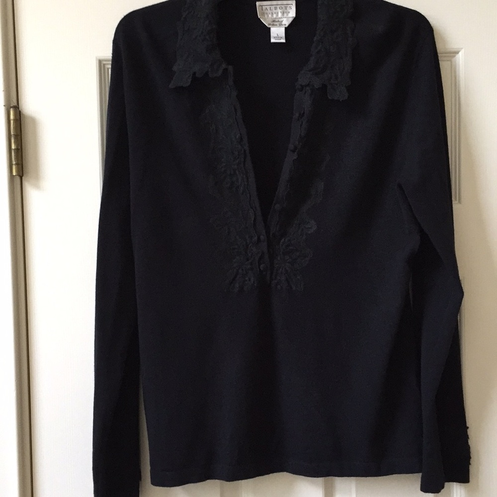 Talbots Black pullover with lace front and collar